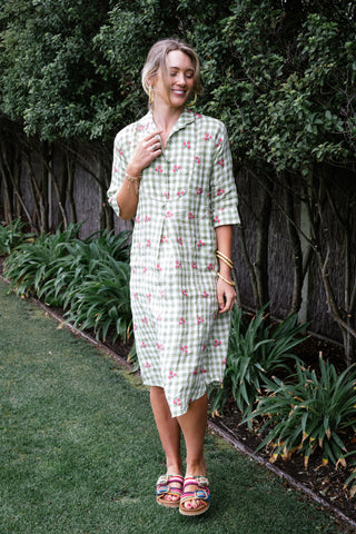 Flower Bud Gingham Shirtdress - Midi
