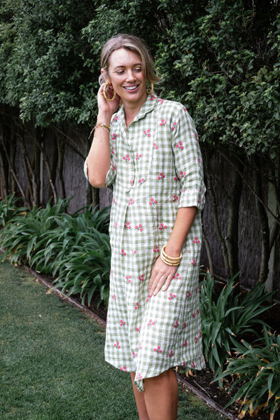 Flower Bud Gingham Shirtdress - Midi