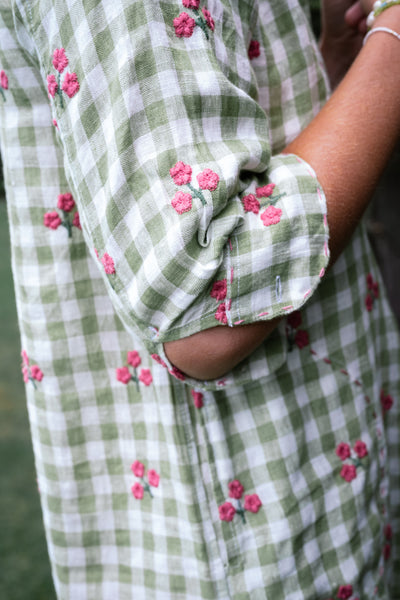 Flower Bud Gingham Shirtdress - Maxi