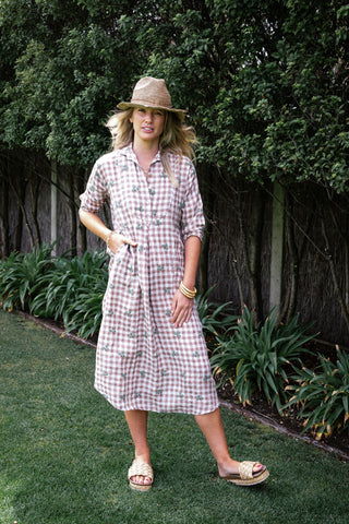 Flower Bud Gingham Shirtdress - Maxi