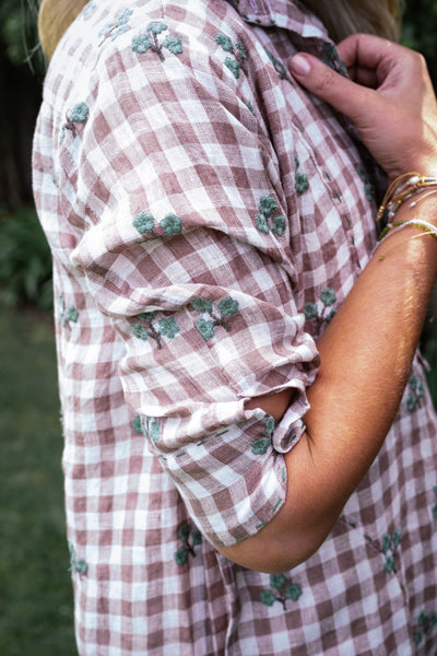 Flower Bud Gingham Shirtdress - Midi