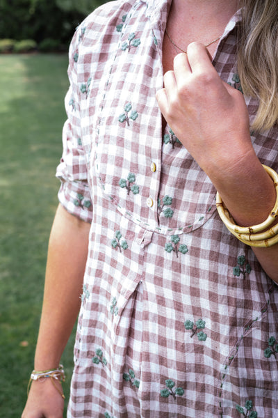 Flower Bud Gingham Shirtdress - Midi